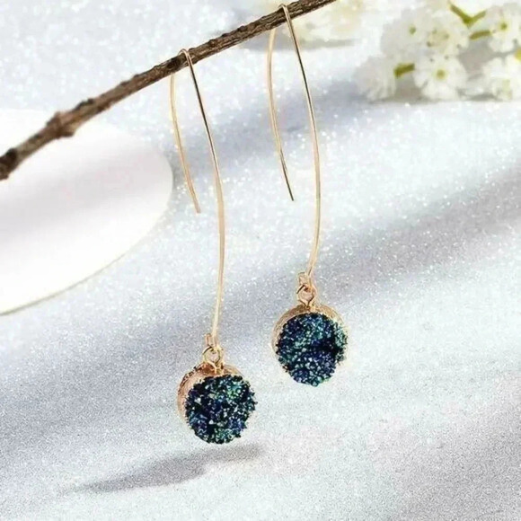 Fashion Jewelry Jewelry - Handcrafted Resin Druzy Charm Long Gold Marquise Earrings Oil Slick